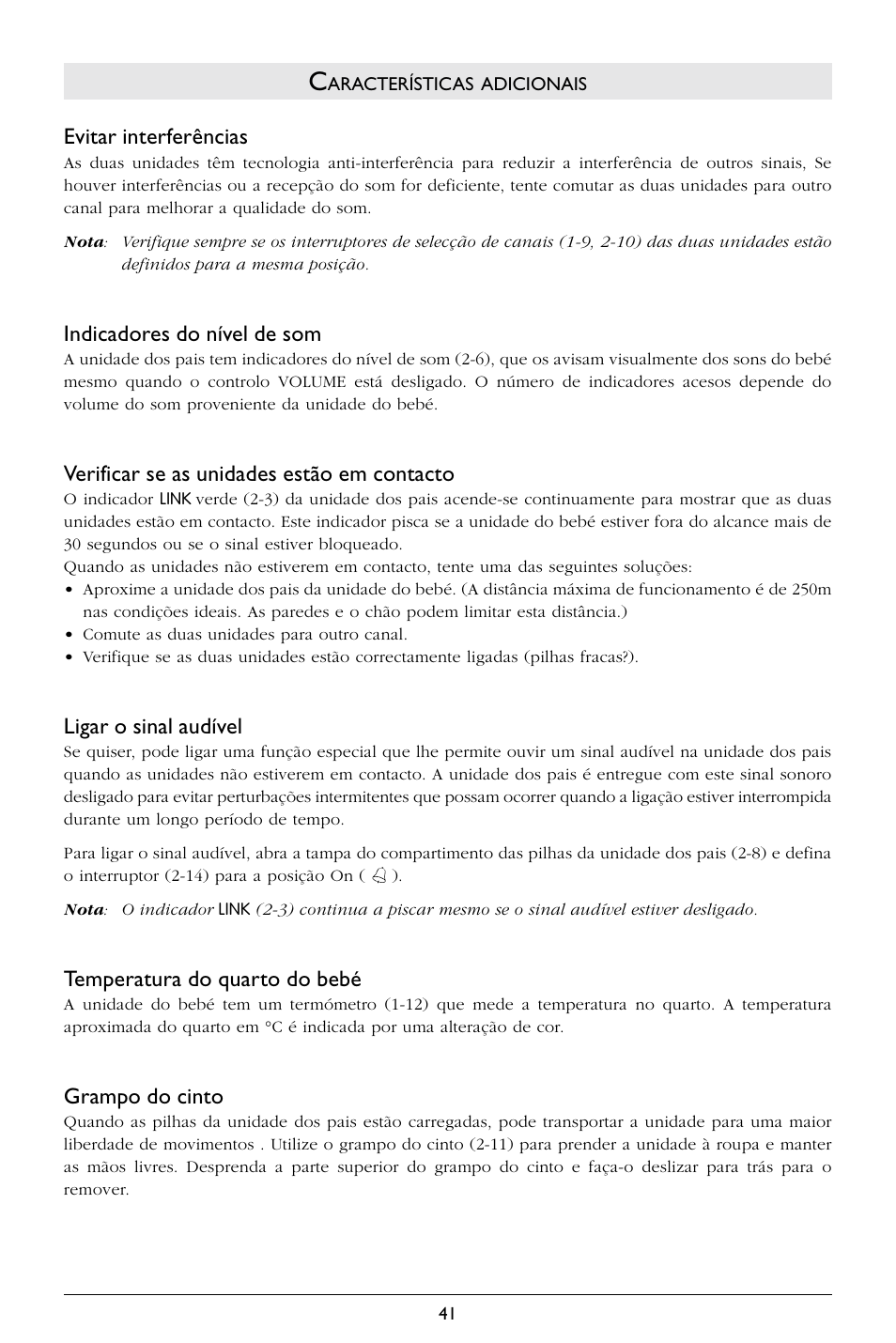 Evitar interferências, Indicadores do nível de som, Verificar se as unidades estão em contacto | Ligar o sinal audível, Temperatura do quarto do bebé, Grampo do cinto | Philips SC367 User Manual | Page 42 / 75