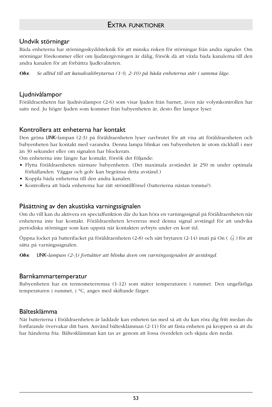 Undvik störningar, Ljudnivålampor, Kontrollera att enheterna har kontakt | Påsättning av den akustiska varningssignalen, Barnkammartemperatur, Bältesklämma | Philips SC367 User Manual | Page 54 / 75