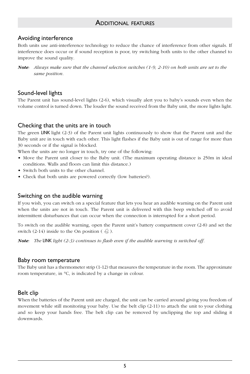 Avoiding interference, Sound-level lights, Checking that the units are in touch | Switching on the audible warning, Baby room temperature, Belt clip | Philips SC367 User Manual | Page 6 / 75
