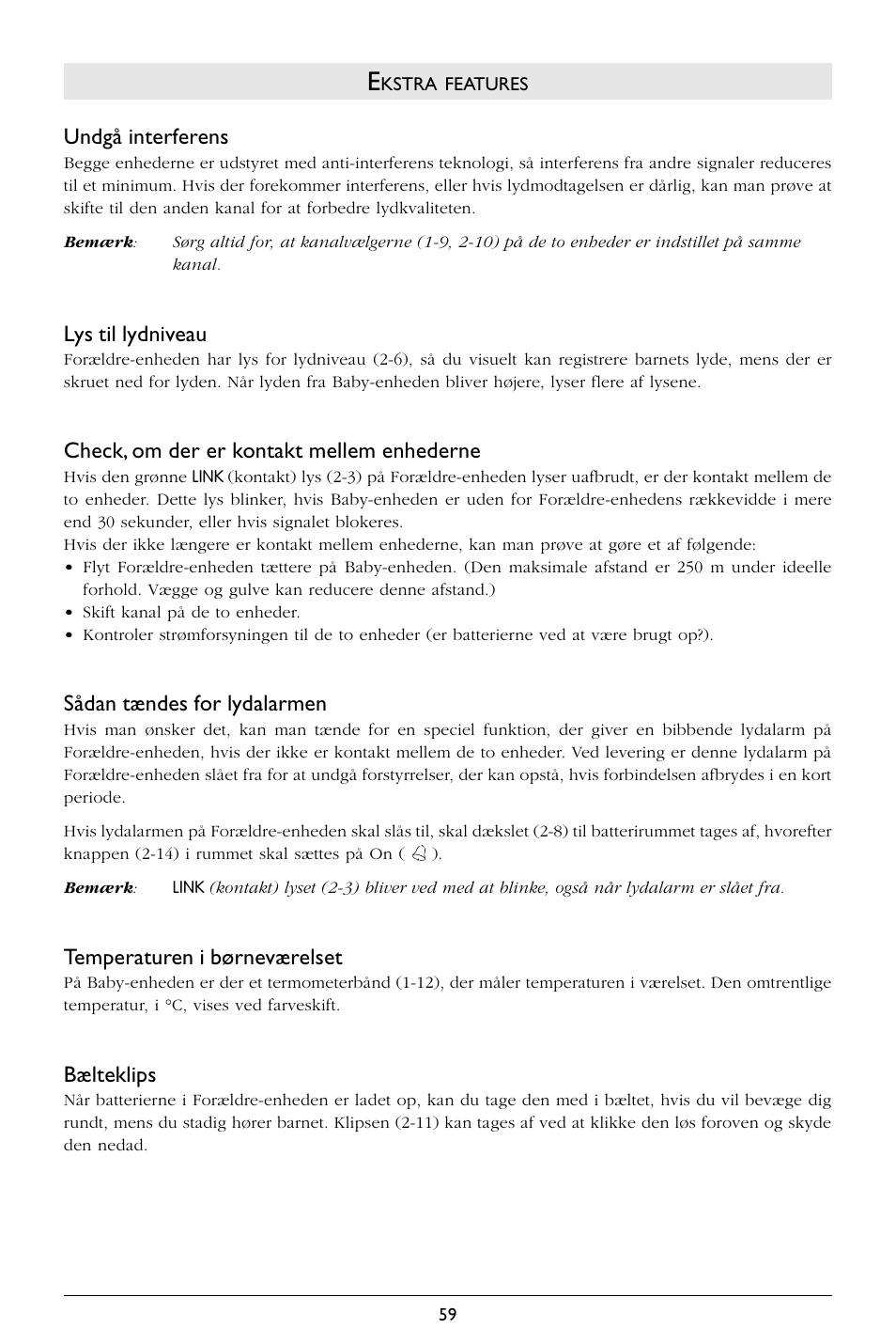 Undgå interferens, Lys til lydniveau, Check, om der er kontakt mellem enhederne | Sådan tændes for lydalarmen, Temperaturen i børneværelset, Bælteklips | Philips SC367 User Manual | Page 60 / 75