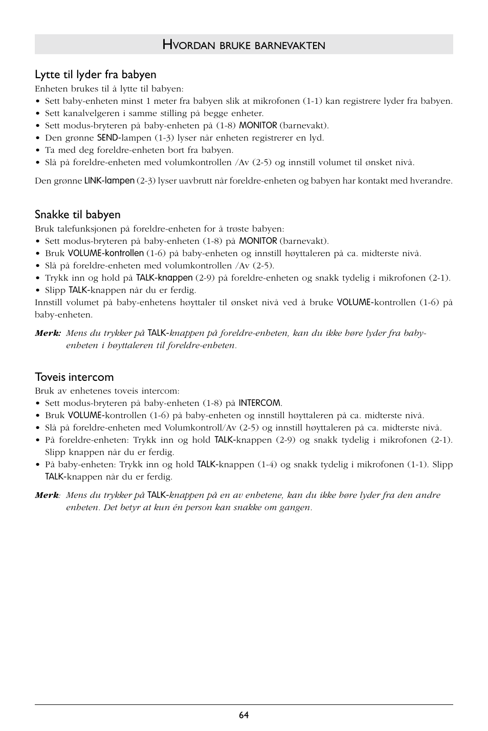 Lytte til lyder fra babyen, Snakke til babyen, Toveis intercom | Philips SC367 User Manual | Page 65 / 75