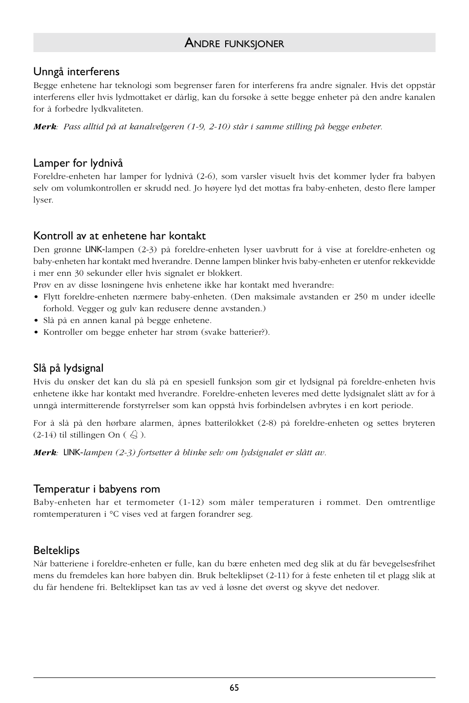 Unngå interferens, Lamper for lydnivå, Kontroll av at enhetene har kontakt | Slå på lydsignal, Temperatur i babyens rom, Belteklips | Philips SC367 User Manual | Page 66 / 75