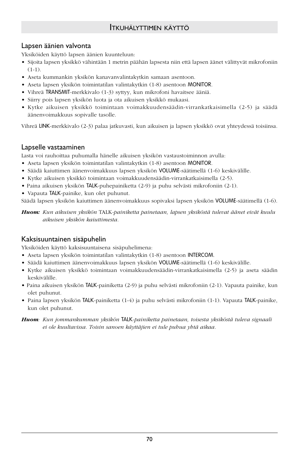Lapsen äänien valvonta, Lapselle vastaaminen, Kaksisuuntainen sisäpuhelin | Philips SC367 User Manual | Page 71 / 75
