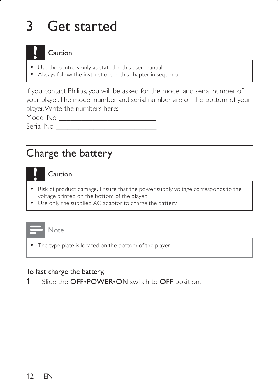 3 get started, Charge the battery | Philips PD7030 User Manual | Page 11 / 20