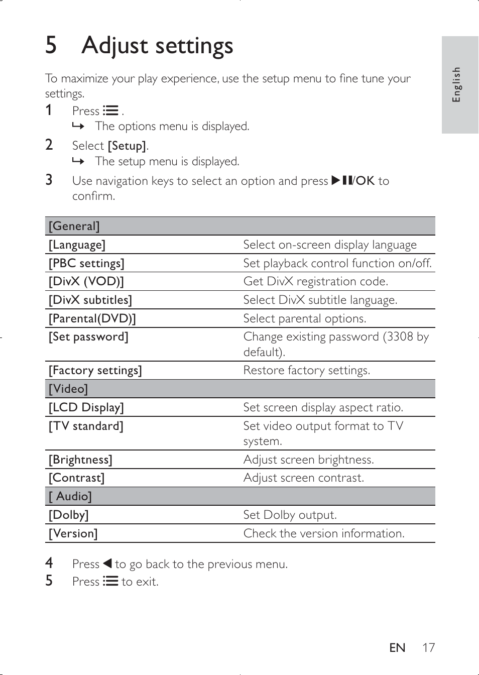5 adjust settings | Philips PD7030 User Manual | Page 16 / 20