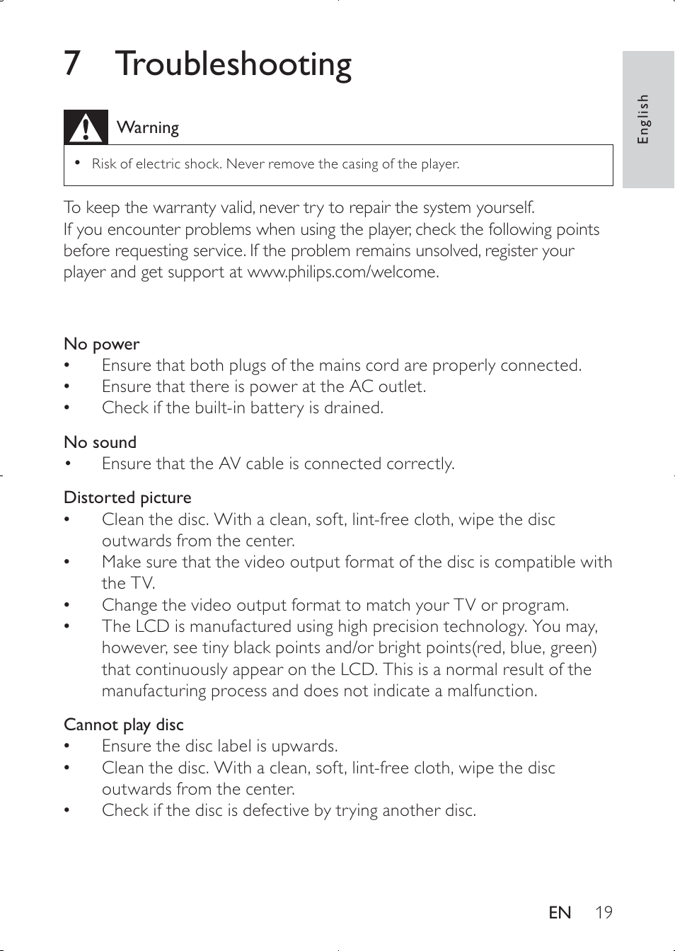 7 troubleshooting | Philips PD7030 User Manual | Page 18 / 20