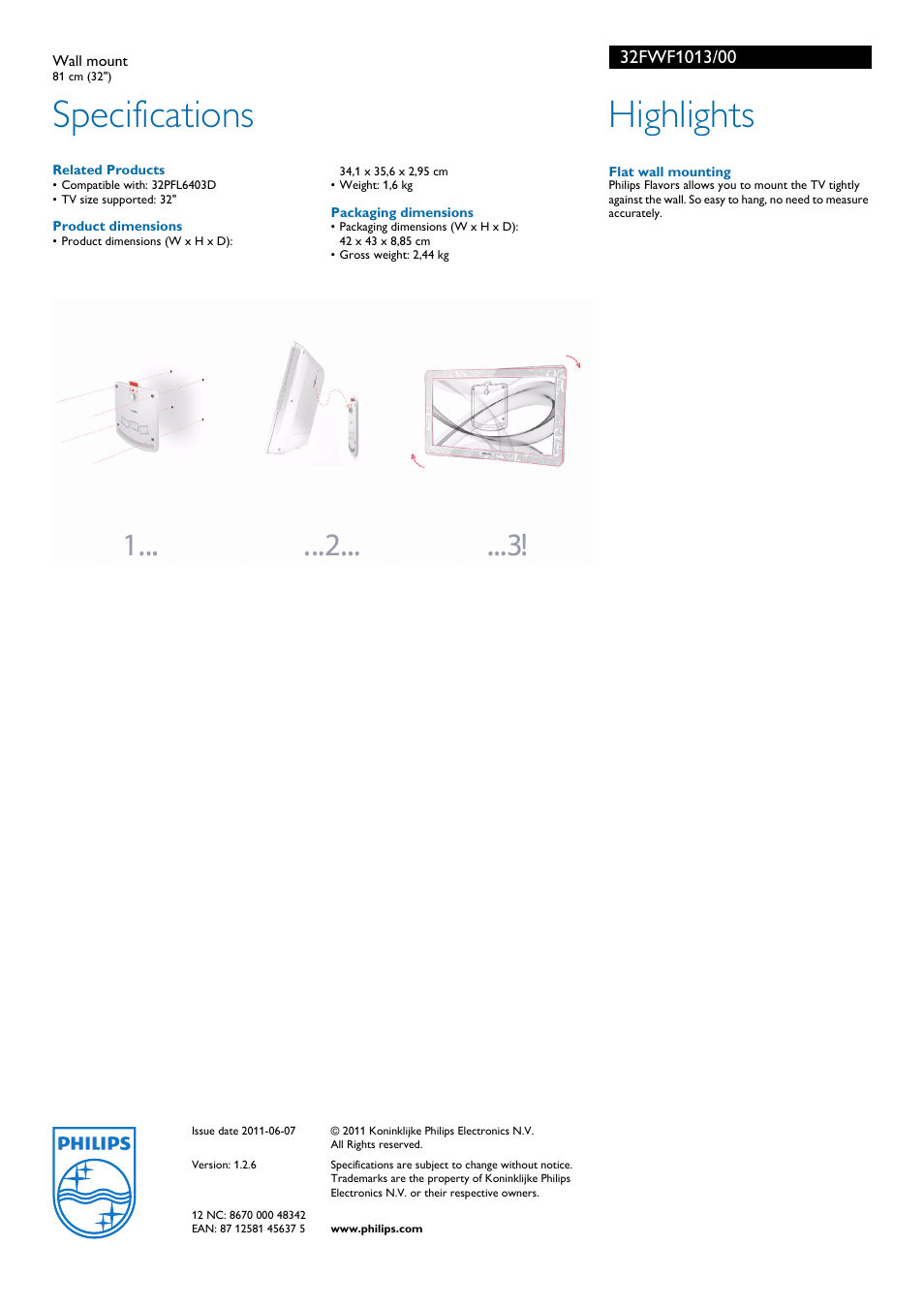 Wall mount, Related products, Product dimensions | Packaging dimensions, Specifications, Highlights, Philips | Philips 32FWF1013 User Manual | Page 2 / 2