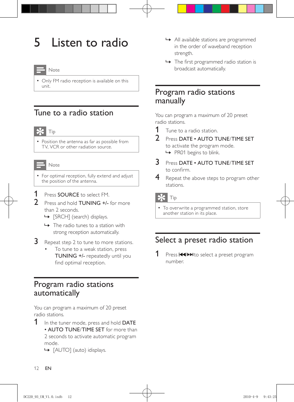 5 listen to radio, Tune to a radio station, Program radio stations automatically | Program radio stations manually, Select a preset radio station, Select a preset radio station 1 | Philips SJ/T113632006 User Manual | Page 12 / 17