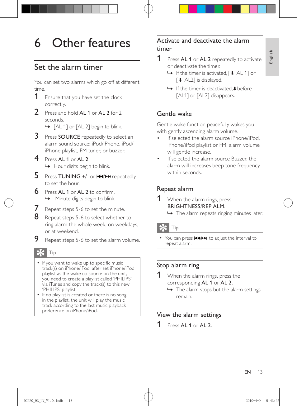 6 other features, Set the alarm timer | Philips SJ/T113632006 User Manual | Page 13 / 17