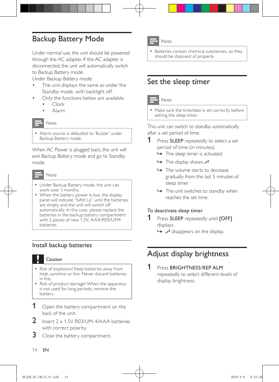 Backup battery mode, Set the sleep timer, Adjust display brightness | Adjust display brightness 1, Install backup batteries | Philips SJ/T113632006 User Manual | Page 14 / 17