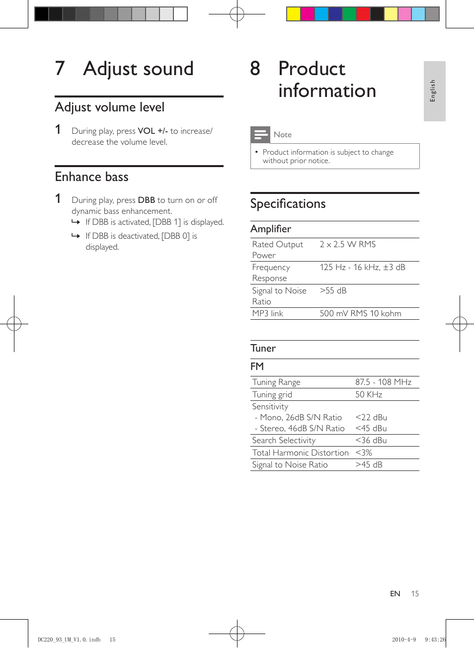 7 adjust sound, Adjust volume level, Enhance bass | 8 product information, Specifications, Adjust volume level 1, Enhance bass 1 | Philips SJ/T113632006 User Manual | Page 15 / 17