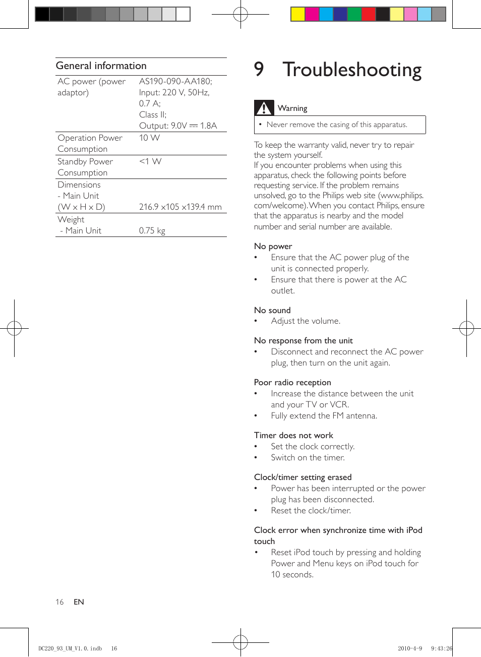 9 troubleshooting, General information | Philips SJ/T113632006 User Manual | Page 16 / 17