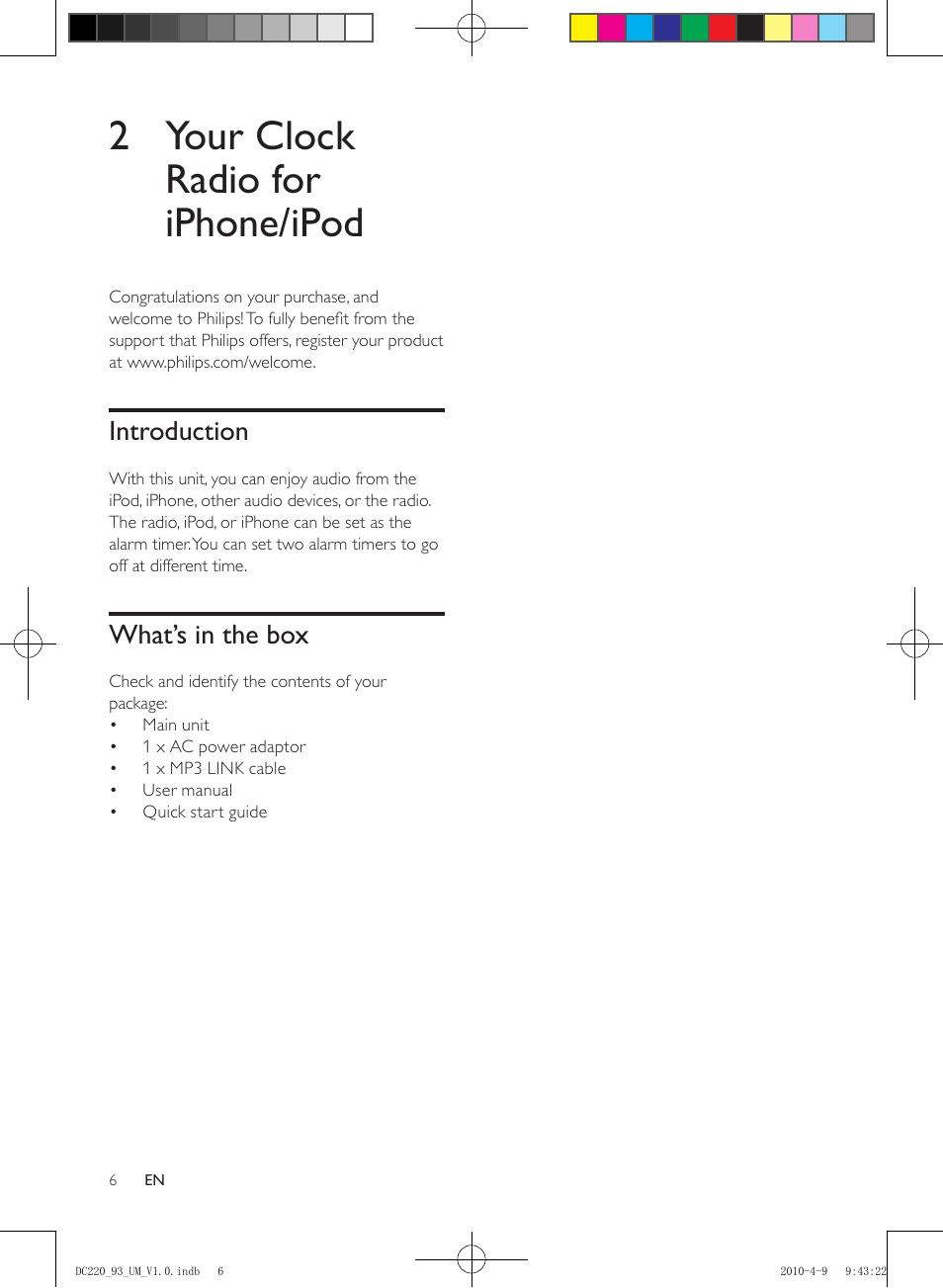 2 your clock radio for iphone/ipod, Introduction, What’s in the box | Philips SJ/T113632006 User Manual | Page 6 / 17