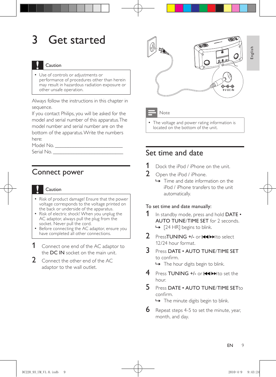 3 get started, Connect power, Set time and date | Set time and date 1 | Philips SJ/T113632006 User Manual | Page 9 / 17