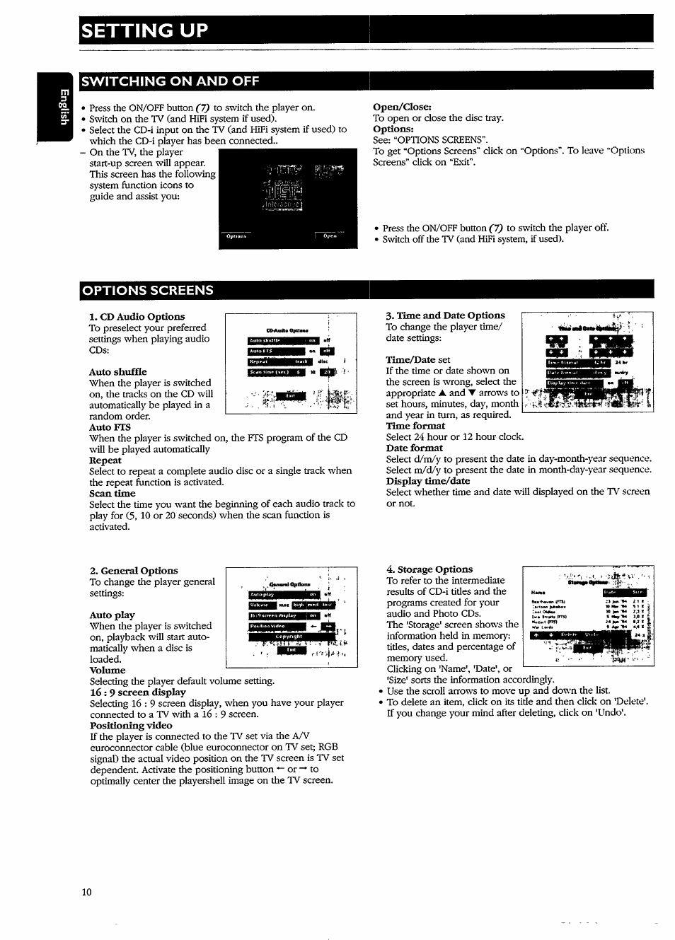 Setting up, Switching on and off, Options screens | Time and date options, Storage options | Philips CDI210/73 User Manual | Page 10 / 16