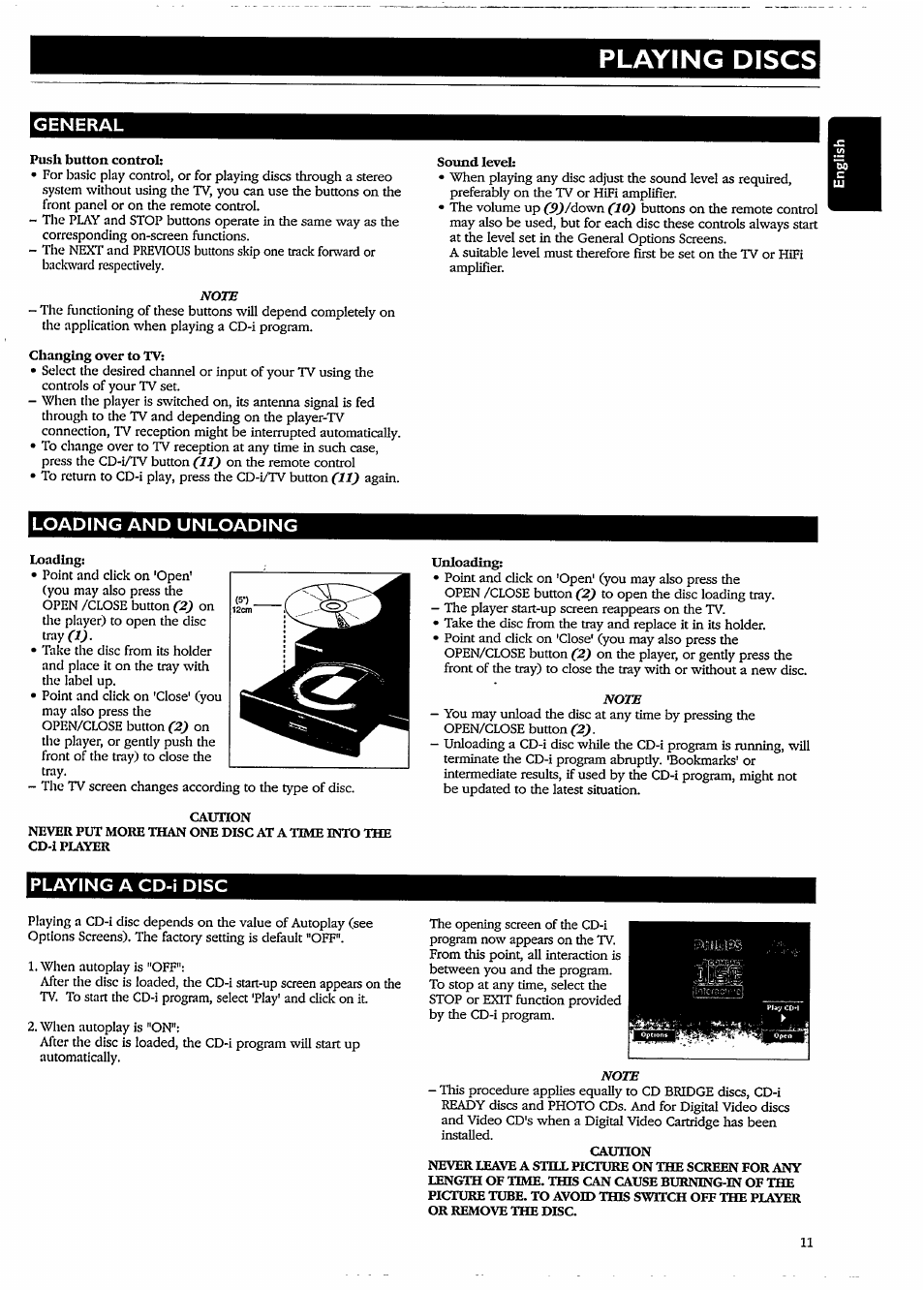 General, Push button control, Changing over to tv | Sound level, Loading and unloading, Loading, Unloading, Caunon, Playing a cd-i disc, Caution | Philips CDI210/73 User Manual | Page 11 / 16