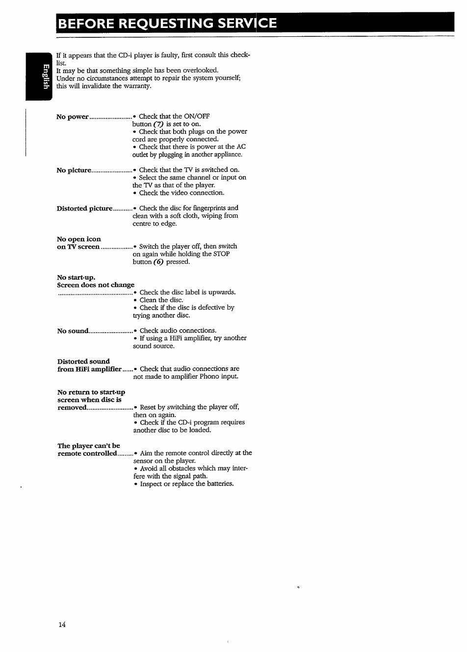 Before requesting serv ce | Philips CDI210/73 User Manual | Page 14 / 16