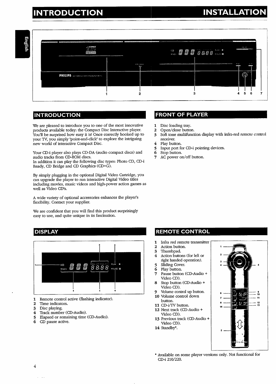 Front of player, Remote control, Introduction installation | Philips CDI210/73 User Manual | Page 4 / 16