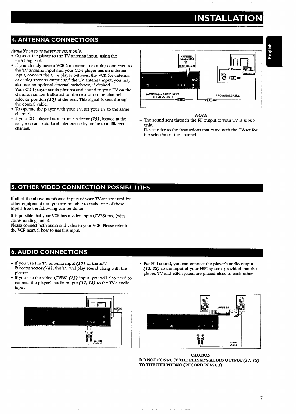 Antenna connections, Other video connection possibilities, Audio connections | Installation | Philips CDI210/73 User Manual | Page 7 / 16