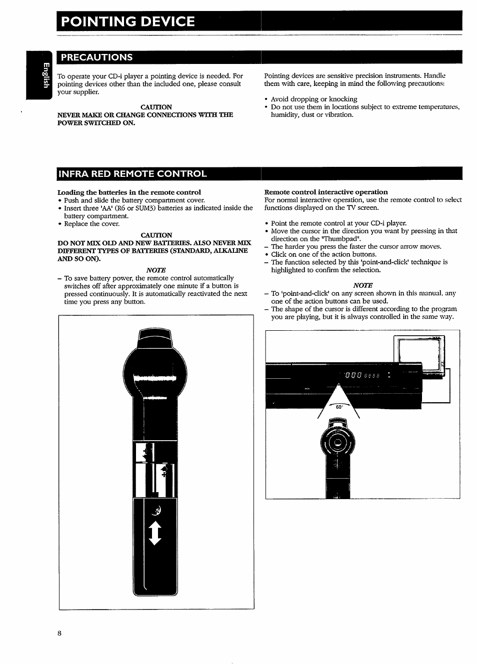 Pointing device, Precautions, Caution | Infra red remote control, Loading the batteries in the remote control, Do not mix old and new batteries. also never mix, Different types of batteries (standard, alkaline, And so on), Remote control interactive operation | Philips CDI210/73 User Manual | Page 8 / 16