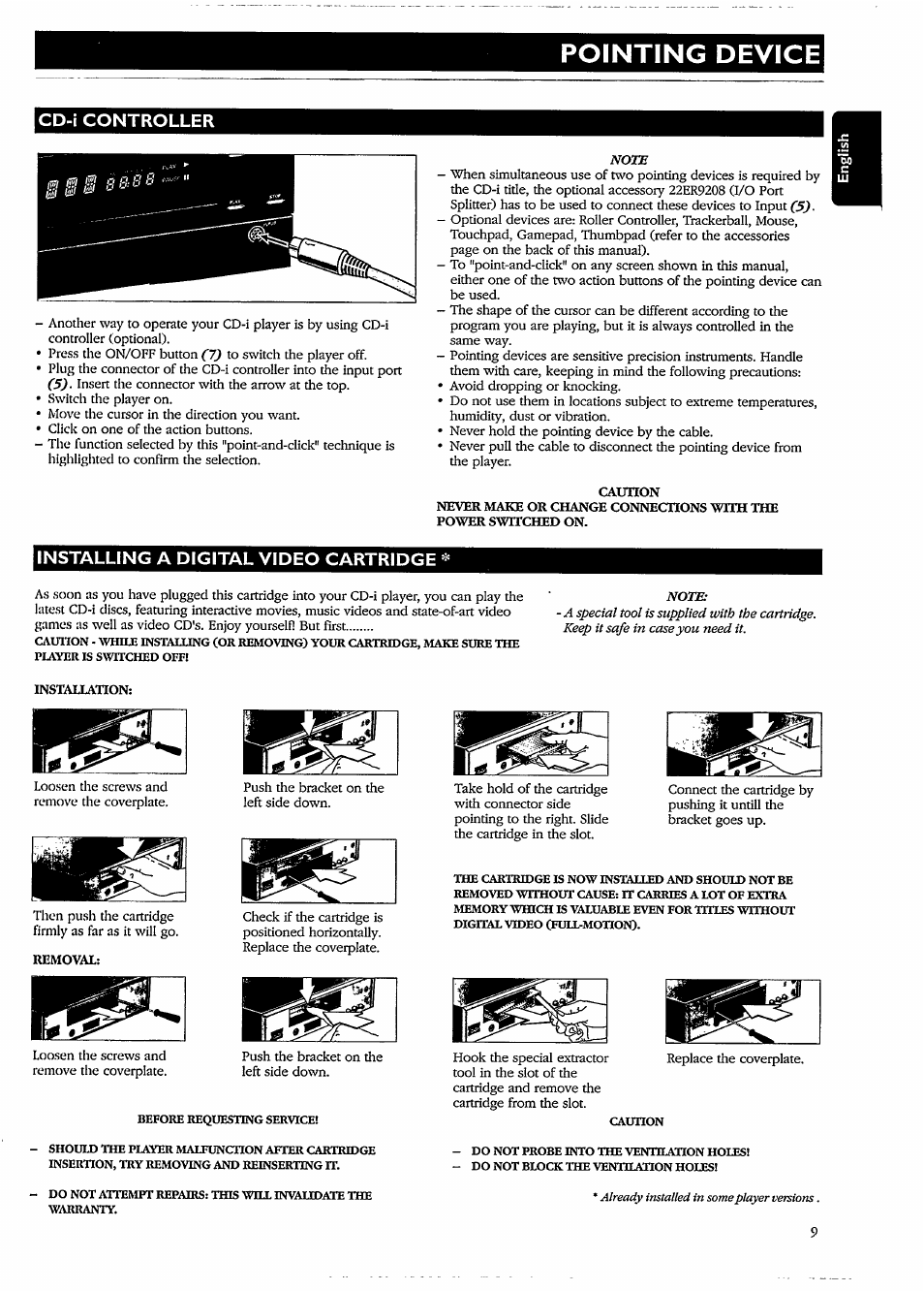 Pointing device, Cd-i controller, Caunon | Installing a digital video cartridge, Removal | Philips CDI210/73 User Manual | Page 9 / 16