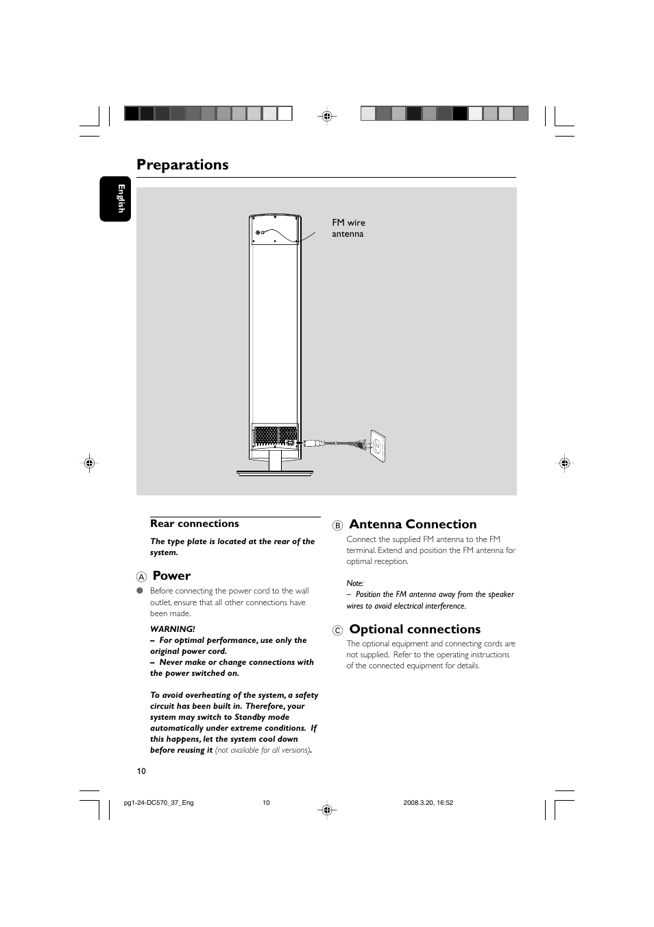 Preparations, Power, Antenna connection | Optional connections | Philips DC570/37B User Manual | Page 10 / 24