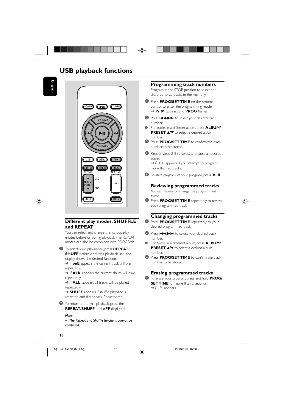 Usb playback functions, Different play modes: shuffle and repeat, Programming track numbers | Reviewing programmed tracks, Changing programmed tracks 1, Erasing programmed tracks 1 | Philips DC570/37B User Manual | Page 16 / 24