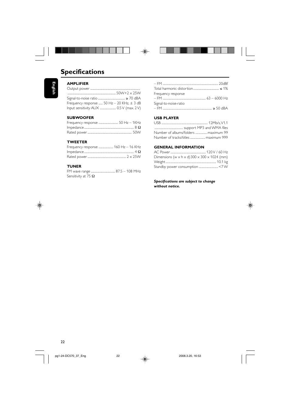 Specifications | Philips DC570/37B User Manual | Page 22 / 24