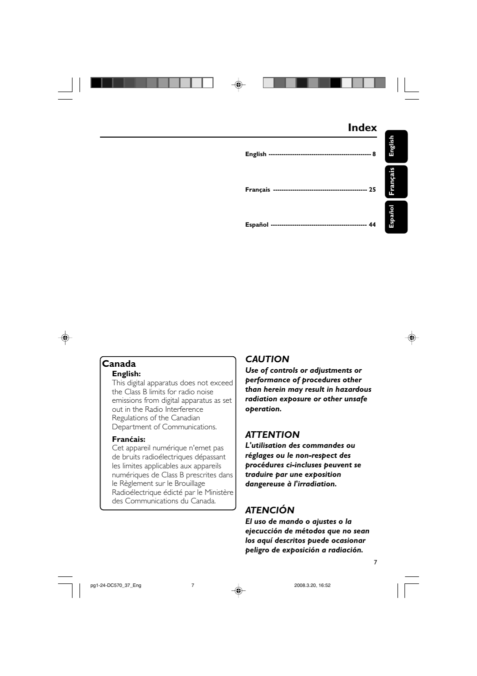 Index, Canada, Caution | Attention, Atención | Philips DC570/37B User Manual | Page 7 / 24