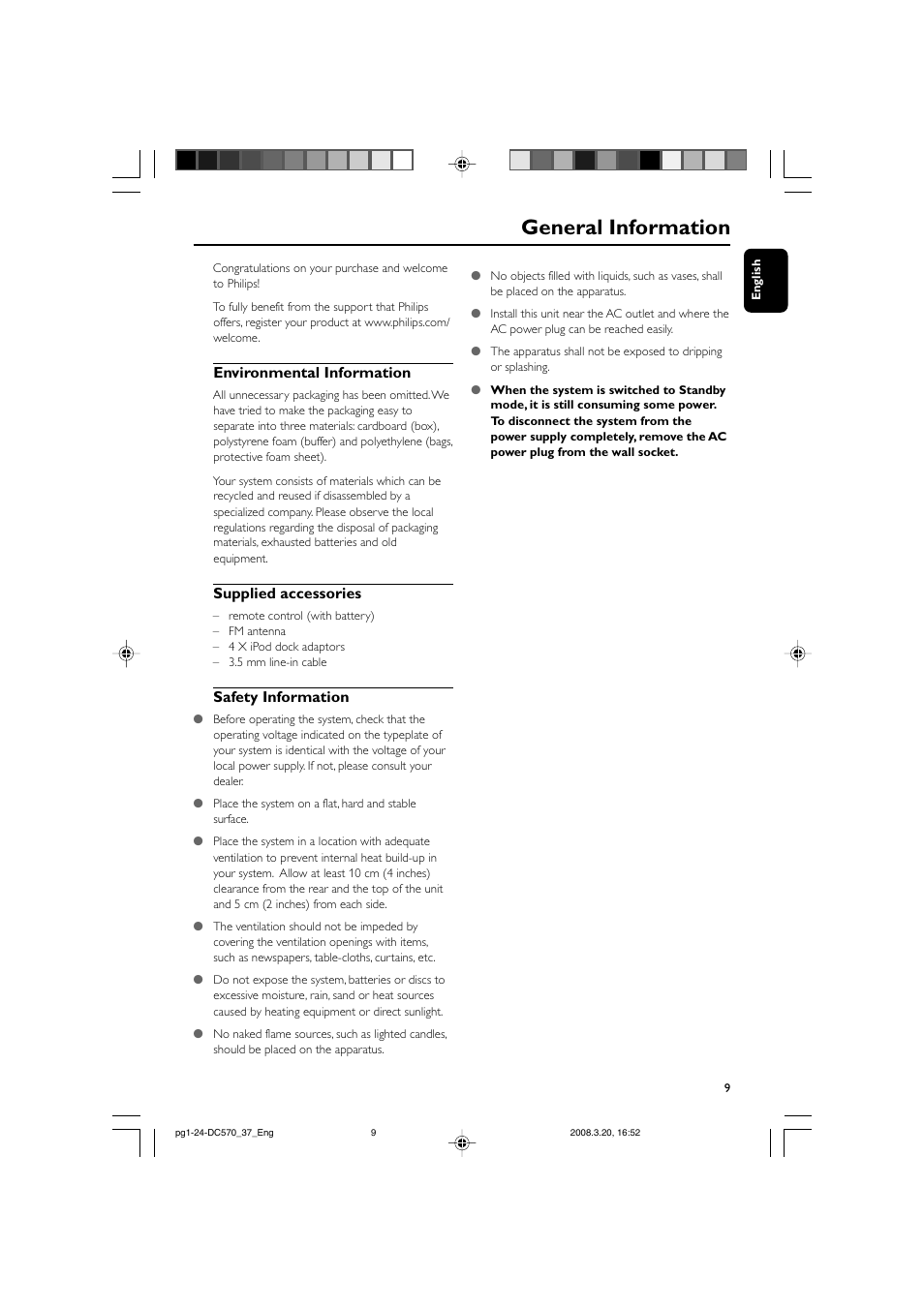 General information, Environmental information, Supplied accessories | Safety information | Philips DC570/37B User Manual | Page 9 / 24