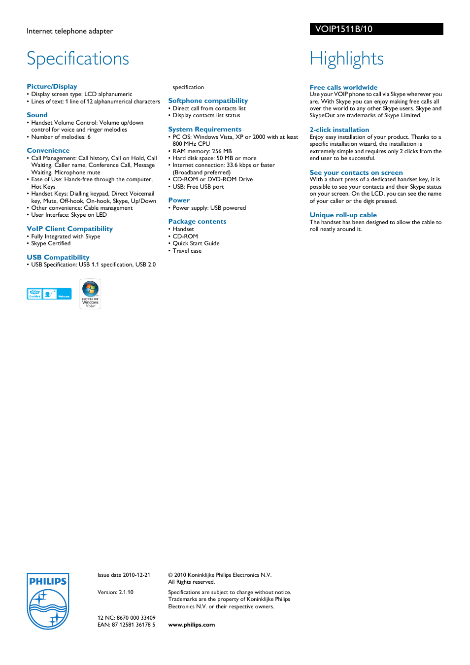 Specifications, Highlights | Philips VOIP1511B User Manual | Page 2 / 2