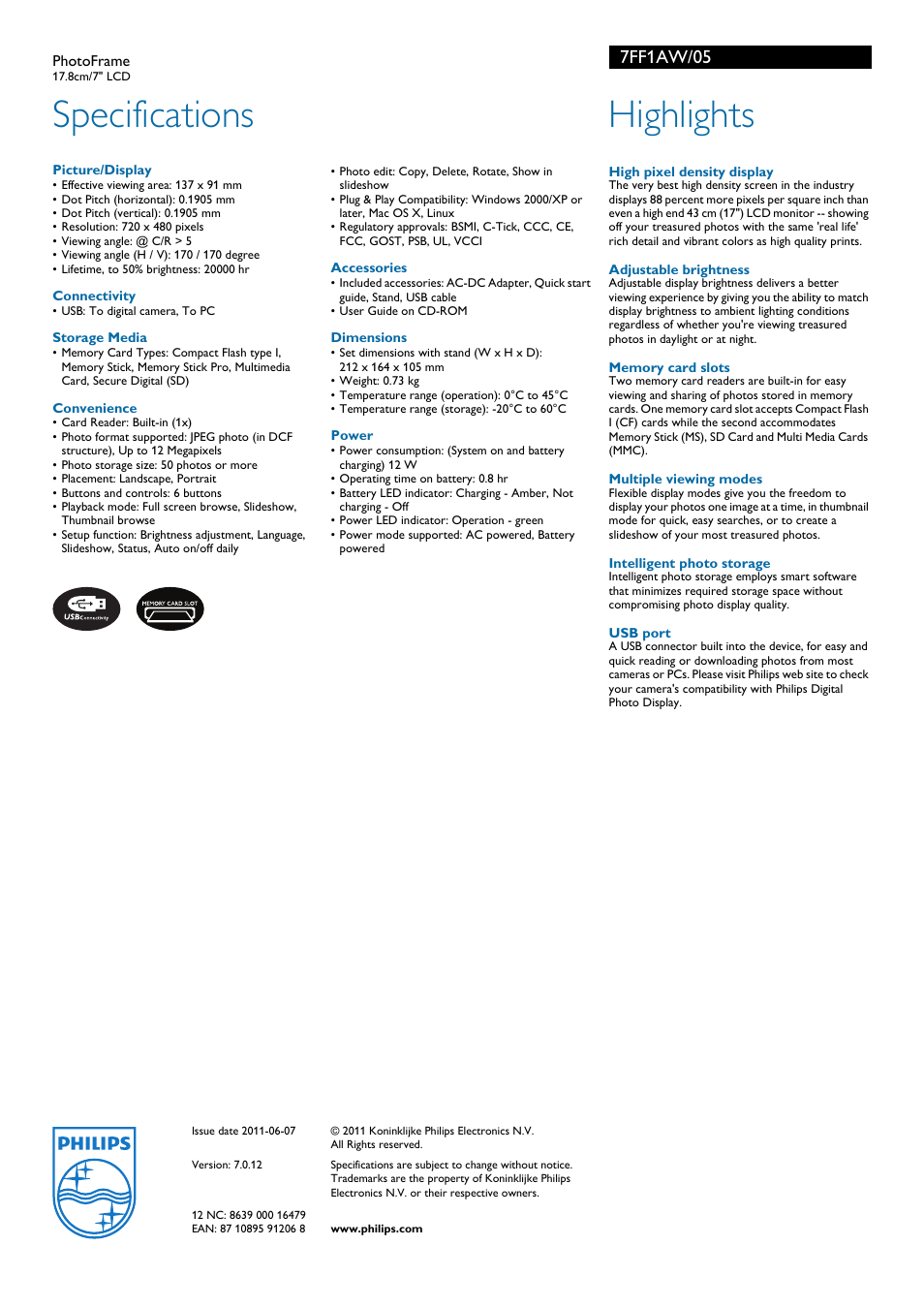 Specifications, Highlights, 7ff1aw/05 | Philips 7FF1AW User Manual | Page 2 / 2