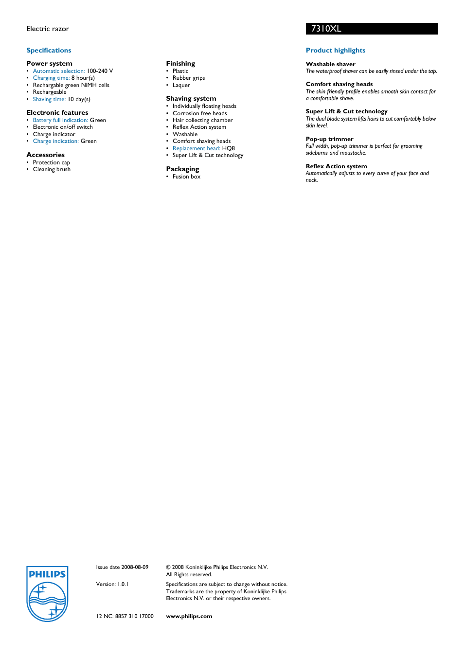 7310xl | Philips 7310XL User Manual | Page 2 / 2