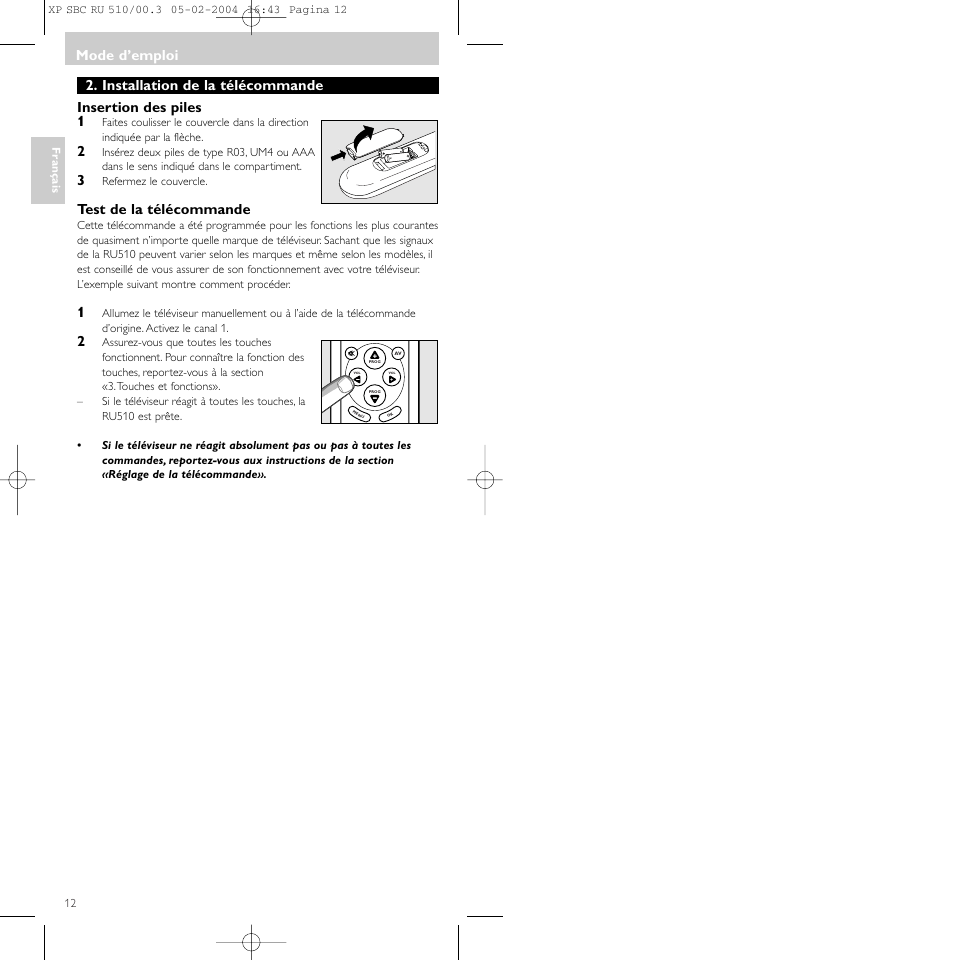 Mode d’emploi, Test de la télécommande | Philips SBC RU 510/00U User Manual | Page 12 / 70