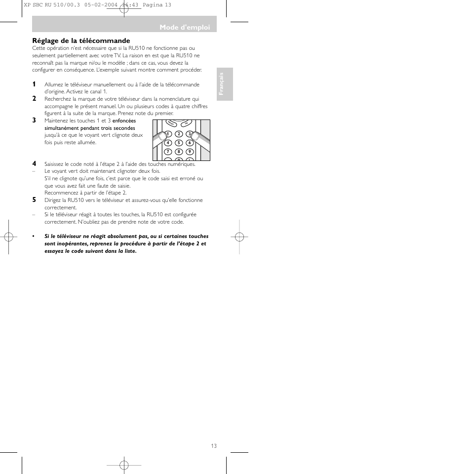 Mode d'emploi, Réglage de la télécommande | Philips SBC RU 510/00U User Manual | Page 13 / 70