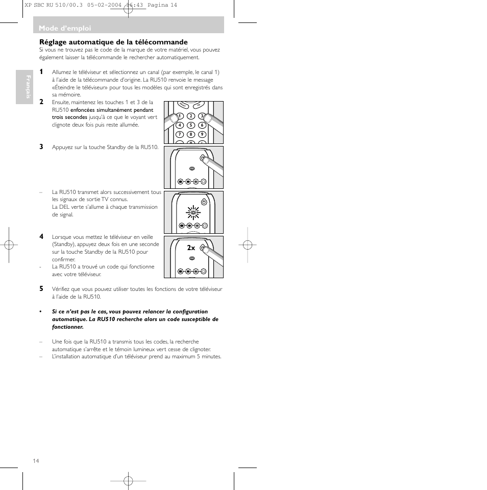 Mode d’emploi, Réglage automatique de la télécommande | Philips SBC RU 510/00U User Manual | Page 14 / 70