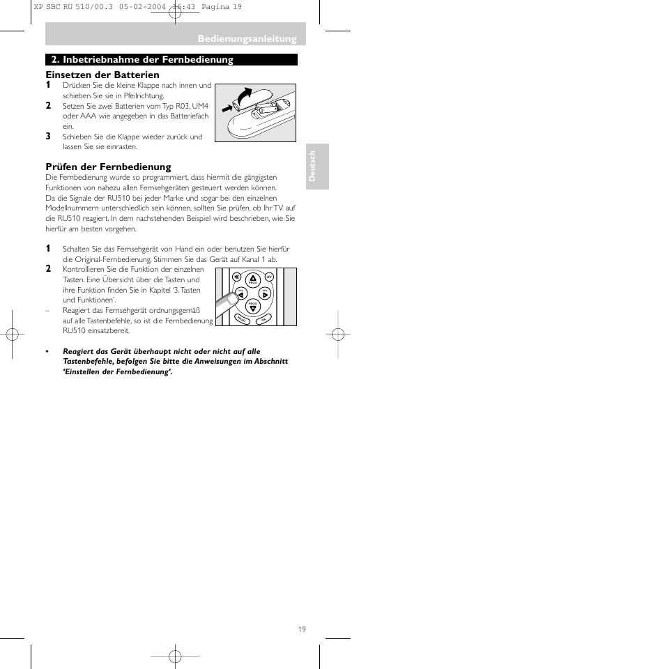 Bedienungsanleitung, Prüfen der fernbedienung | Philips SBC RU 510/00U User Manual | Page 19 / 70