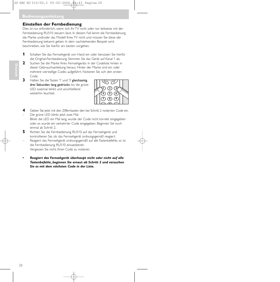 Bedienungsanleitung, Einstellen der fernbedienung | Philips SBC RU 510/00U User Manual | Page 20 / 70