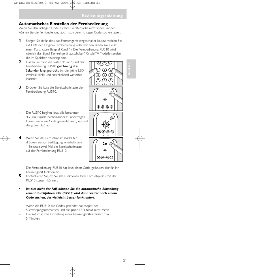 Bedienungsanleitung, Automatisches einstellen der fernbedienung | Philips SBC RU 510/00U User Manual | Page 21 / 70