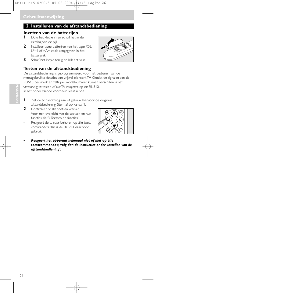 Gebruiksaanwijzing, Testen van de afstandsbediening | Philips SBC RU 510/00U User Manual | Page 26 / 70