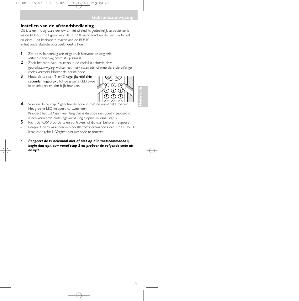 Gebruiksaanwijzing, Instellen van de afstandsbediening | Philips SBC RU 510/00U User Manual | Page 27 / 70