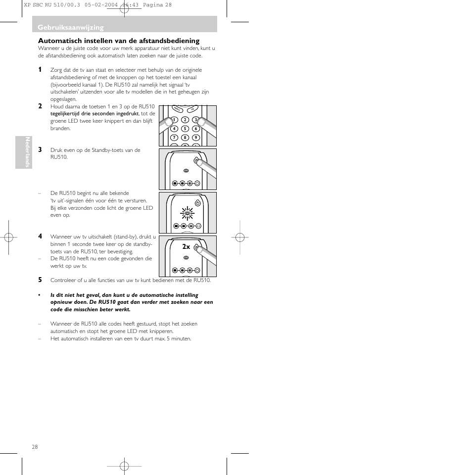 Gebruiksaanwijzing, Automatisch instellen van de afstandsbediening | Philips SBC RU 510/00U User Manual | Page 28 / 70