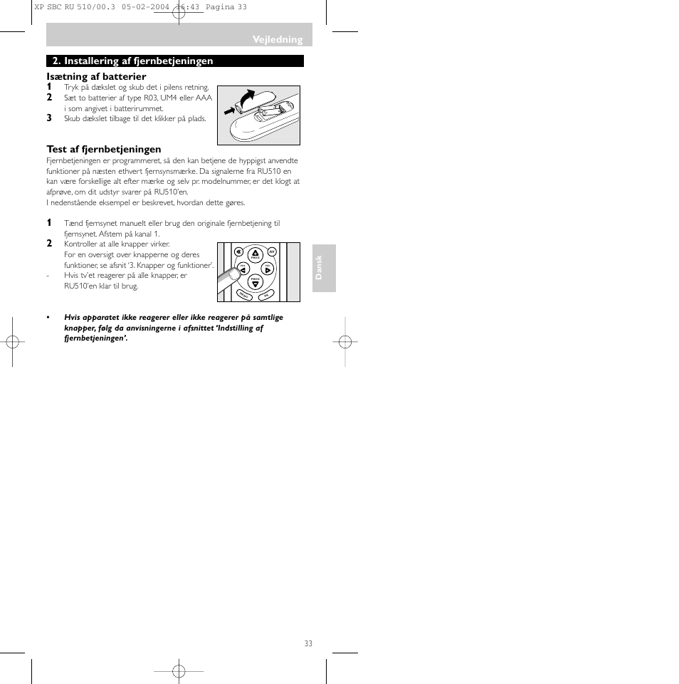 Vejledning, Test af fjernbetjeningen | Philips SBC RU 510/00U User Manual | Page 33 / 70