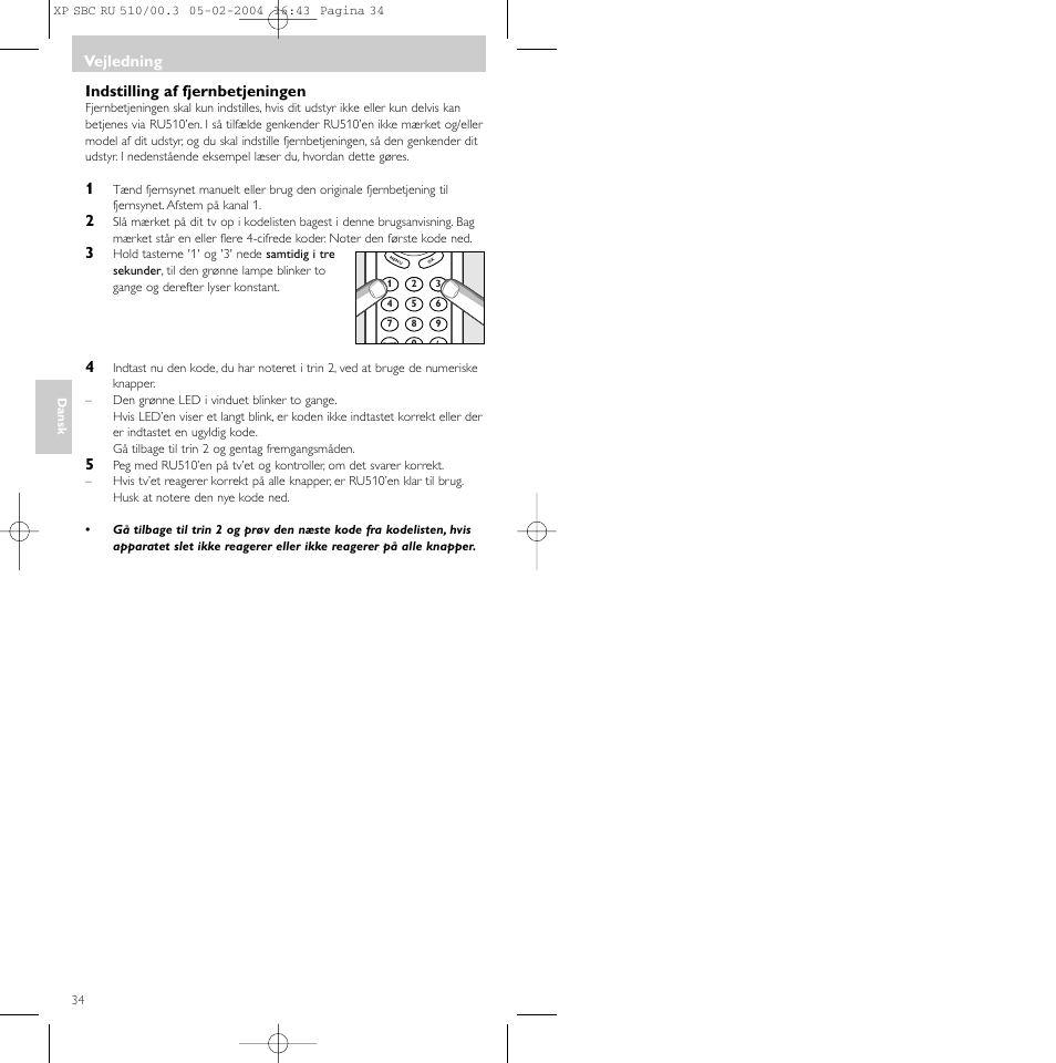 Vejledning, Indstilling af fjernbetjeningen | Philips SBC RU 510/00U User Manual | Page 34 / 70