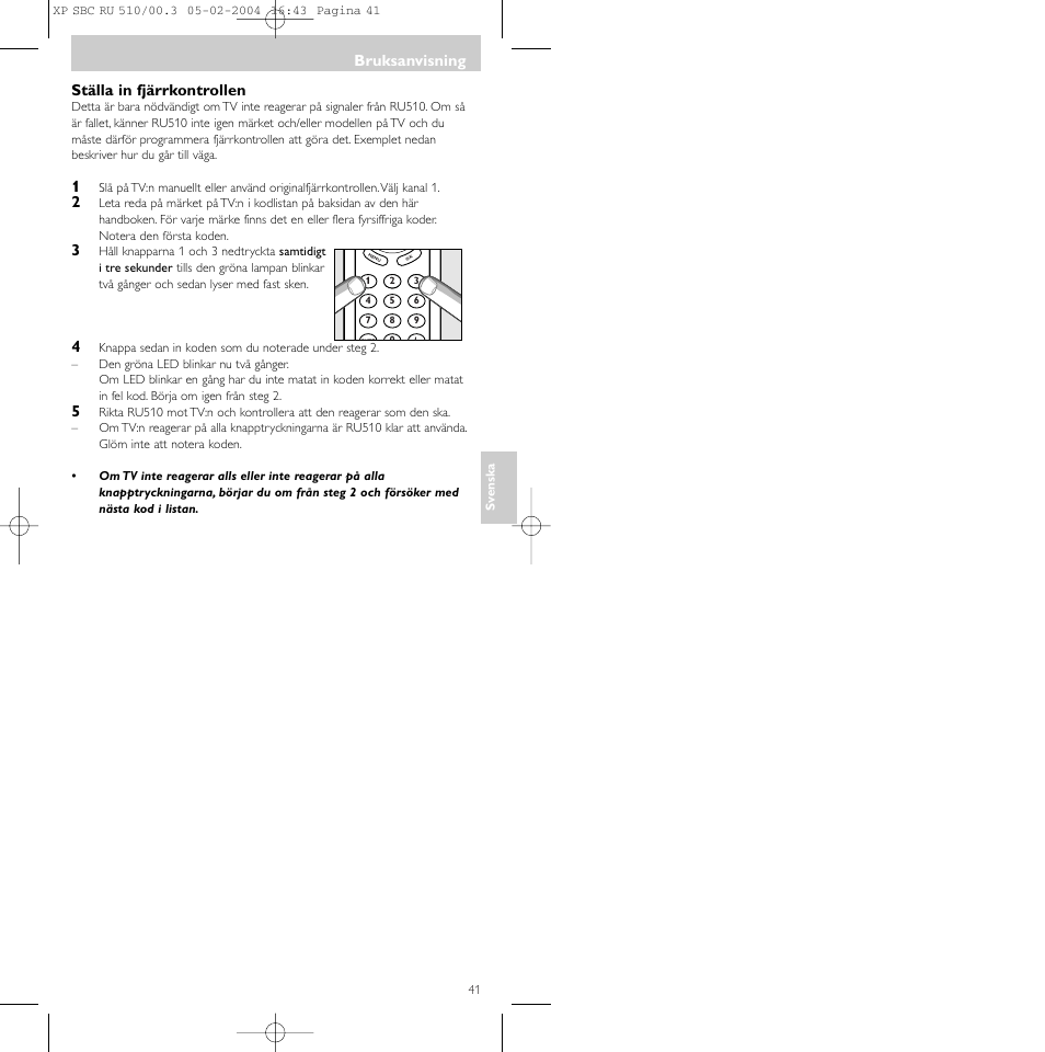 Bruksanvisning, Ställa in fjärrkontrollen | Philips SBC RU 510/00U User Manual | Page 41 / 70