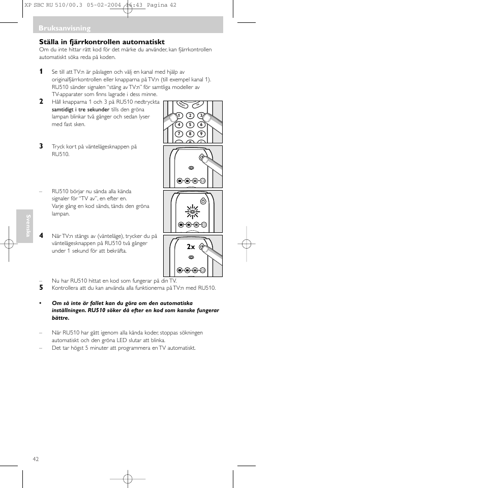 Bruksanvisning, Ställa in fjärrkontrollen automatiskt | Philips SBC RU 510/00U User Manual | Page 42 / 70