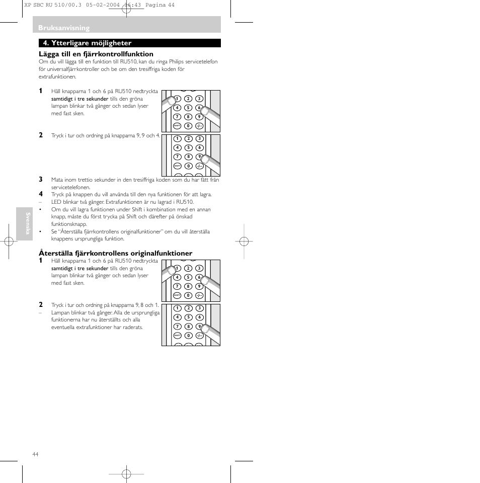 Bruksanvisning, Återställa fjärrkontrollens originalfunktioner 1 | Philips SBC RU 510/00U User Manual | Page 44 / 70