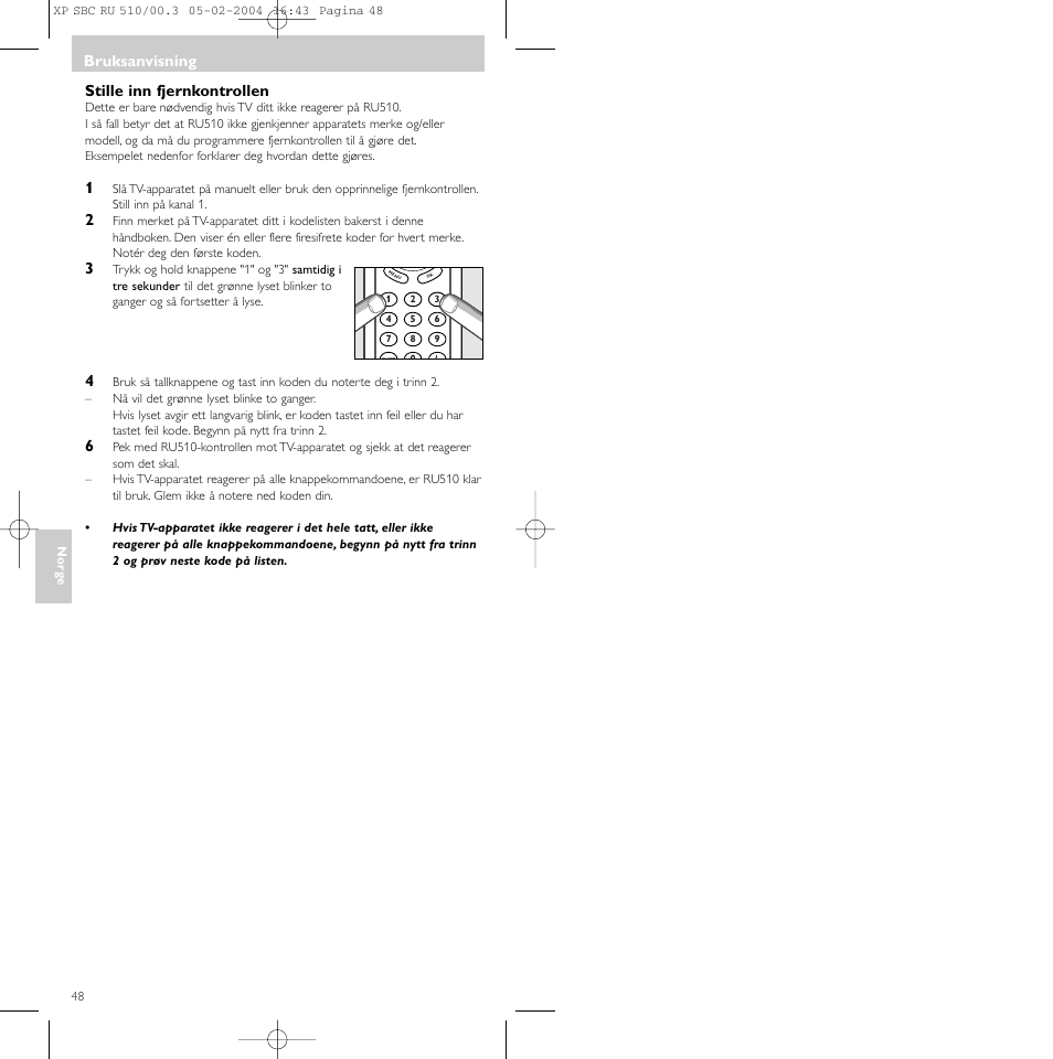 Bruksanvisning, Stille inn fjernkontrollen | Philips SBC RU 510/00U User Manual | Page 48 / 70