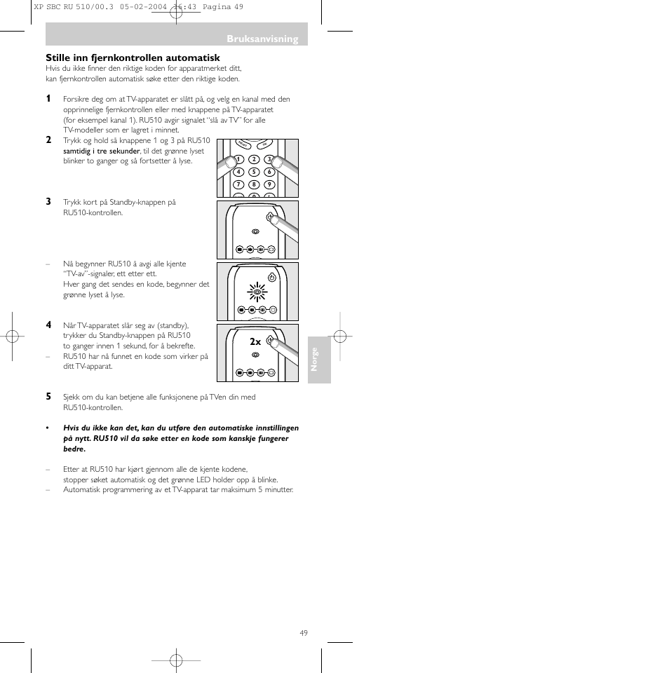 Bruksanvisning, Stille inn fjernkontrollen automatisk | Philips SBC RU 510/00U User Manual | Page 49 / 70