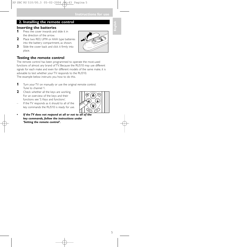 Instructions for use, Testing the remote control | Philips SBC RU 510/00U User Manual | Page 5 / 70